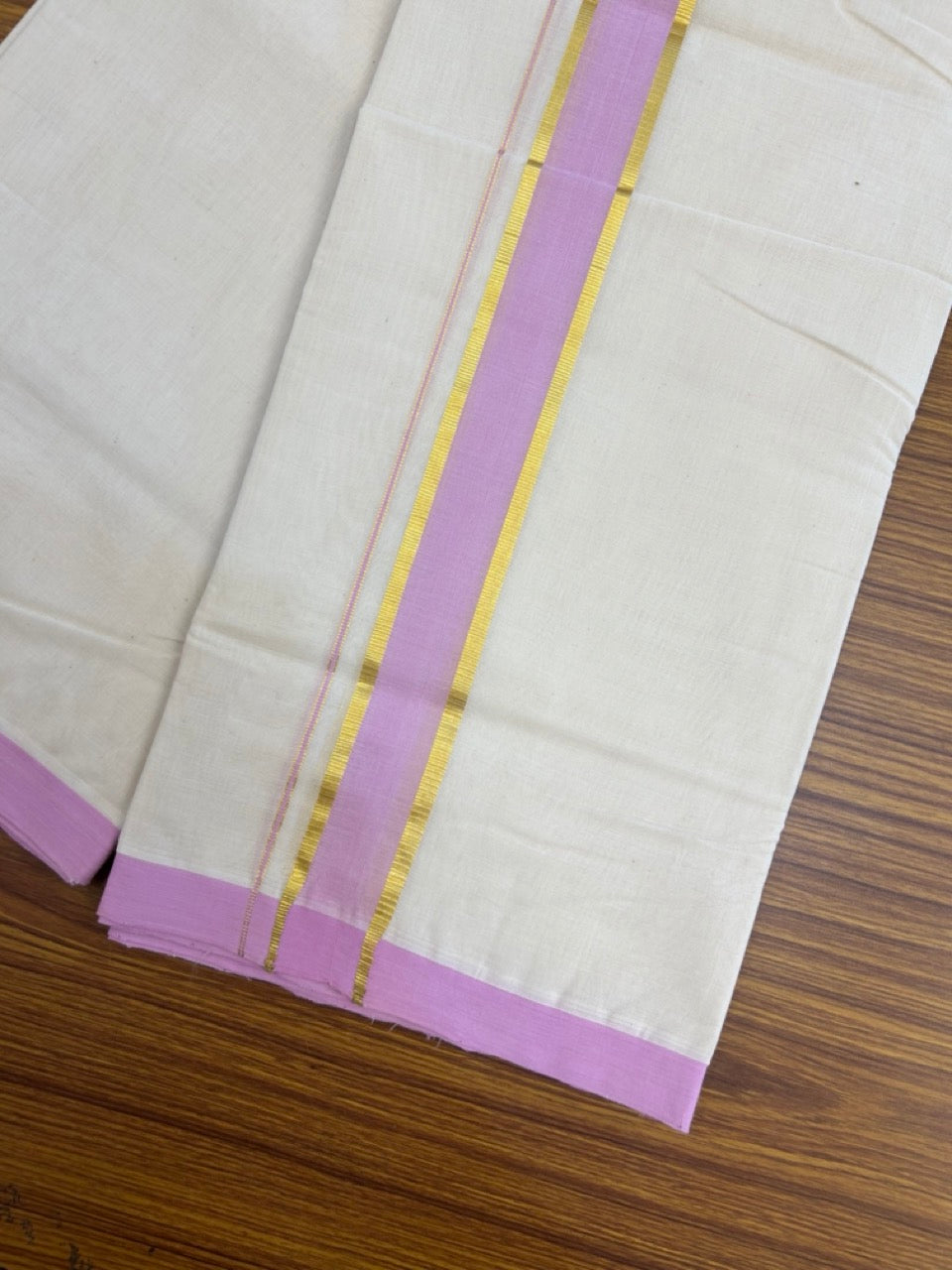 25% Discount! KaithariKada Handloom Millpaav Balaramapuram - Cotton Double Mundu/Dhoti Off white (Unbleached) - 80x90 - 1.5 inch Kasav & Lavender Pink shaded Kara 3.60 meter (8 Muzham) - 62 KK5256 RAM
