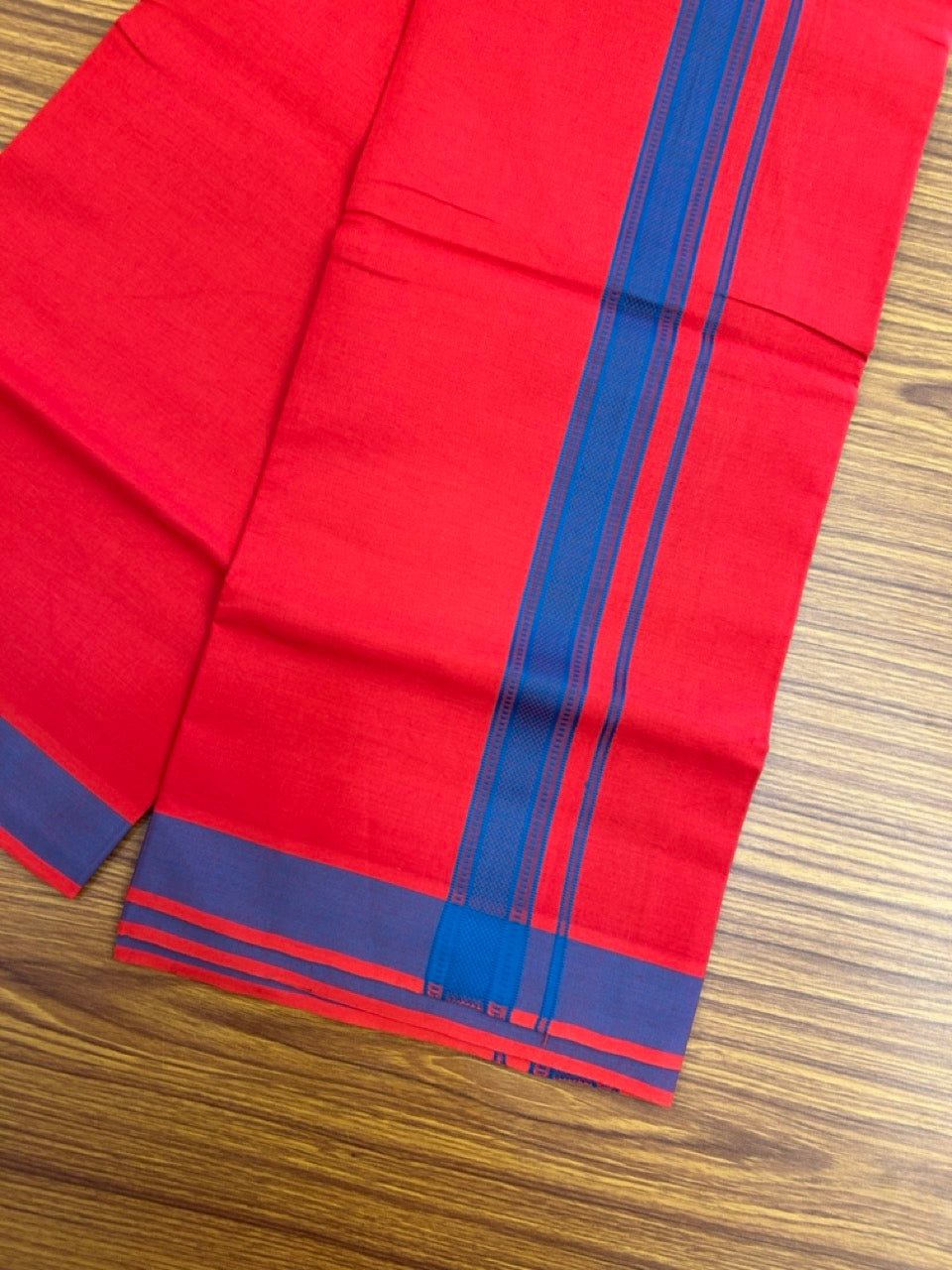 19% Discount!!! Kaitharikada - Single Kaily / Lungi - 1.25 inch Peacock Blue Pattern striped kara with Chilly Red colour body (2 meter / 4 muzham) - 55 KK8035 GAN