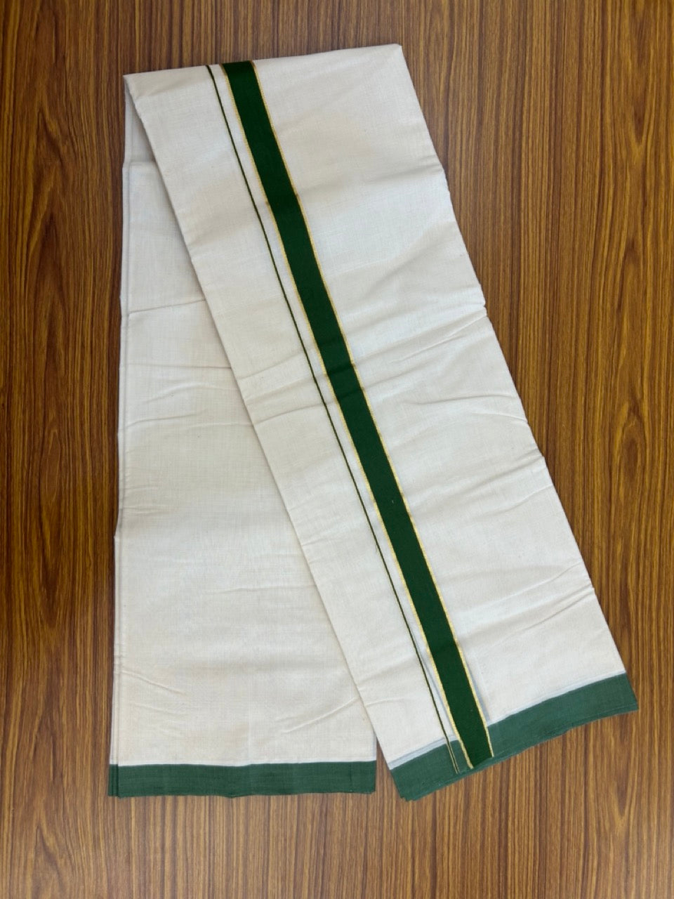 25% Discount! KaithariKada Handloom Millpaav Balaramapuram - Cotton Double Mundu/Dhoti Off white (Unbleached) - 80x90 - 1.25 inch Kasav Dark Forest Green Kara 3.60 meter (8 Muzham) - 88 KK5256 RAM