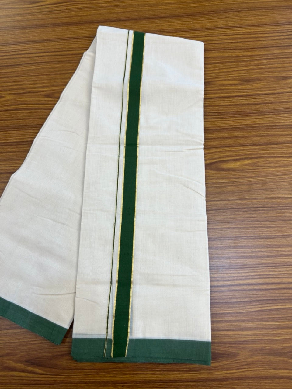 25% Discount! KaithariKada Handloom Millpaav Balaramapuram - Cotton Double Mundu/Dhoti Off white (Unbleached) - 80x90 - 1.25 inch Kasav Dark Forest Green Kara 3.60 meter (8 Muzham) - 88 KK5256 RAM