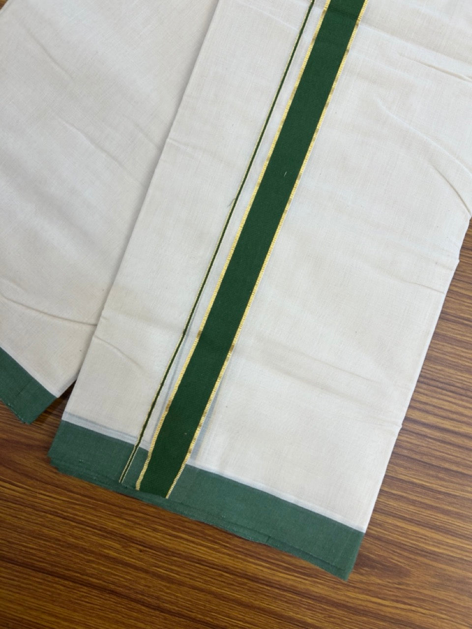 25% Discount! KaithariKada Handloom Millpaav Balaramapuram - Cotton Double Mundu/Dhoti Off white (Unbleached) - 80x90 - 1.25 inch Kasav Dark Forest Green Kara 3.60 meter (8 Muzham) - 88 KK5256 RAM
