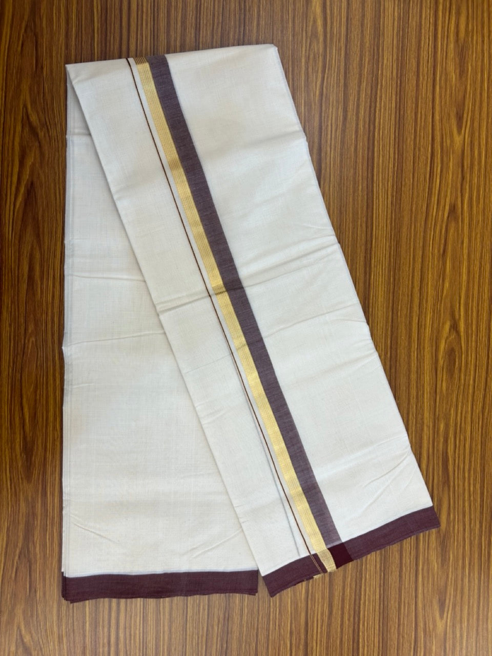 25% Discount! KaithariKada Handloom Millpaav Balaramapuram - Cotton Double Mundu/Dhoti Off white (Unbleached) - 80x90 - 1.25 inch Kasav striped Brown shaded Kara 3.60 meter (8 Muzham) - 76 KK5256 RAM