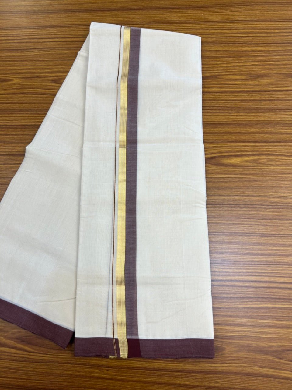25% Discount! KaithariKada Handloom Millpaav Balaramapuram - Cotton Double Mundu/Dhoti Off white (Unbleached) - 80x90 - 1.25 inch Kasav striped Brown shaded Kara 3.60 meter (8 Muzham) - 76 KK5256 RAM