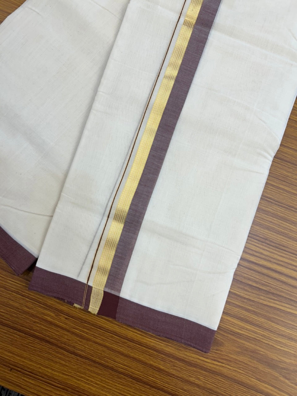 25% Discount! KaithariKada Handloom Millpaav Balaramapuram - Cotton Double Mundu/Dhoti Off white (Unbleached) - 80x90 - 1.25 inch Kasav striped Brown shaded Kara 3.60 meter (8 Muzham) - 76 KK5256 RAM