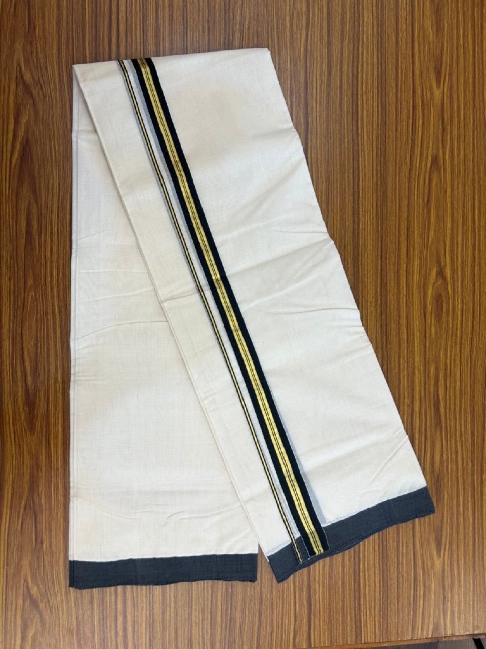25% Discount! KaithariKada Handloom Millpaav Balaramapuram - Cotton Double Mundu/Dhoti Off white (Unbleached) - 80x90 - 1 inch Kasav & Black striped Kara 3.60 meter (8 Muzham) - 72 KK5256 RAM