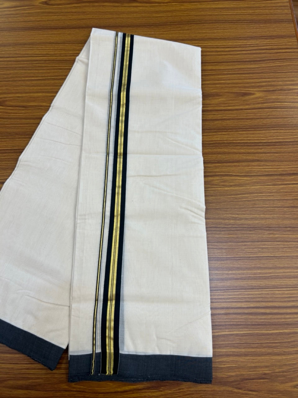 25% Discount! KaithariKada Handloom Millpaav Balaramapuram - Cotton Double Mundu/Dhoti Off white (Unbleached) - 80x90 - 1 inch Kasav & Black striped Kara 3.60 meter (8 Muzham) - 72 KK5256 RAM