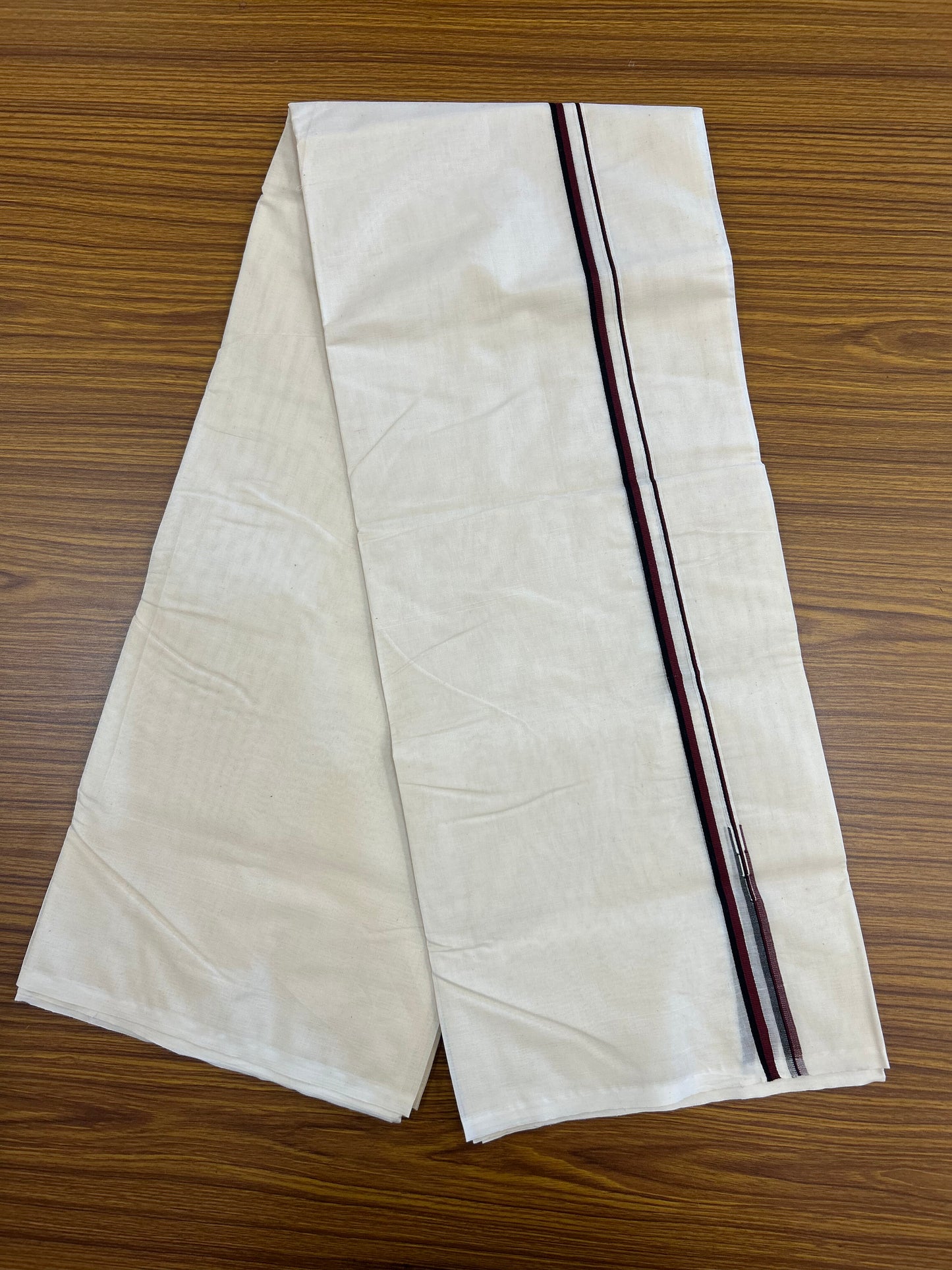 DMK Veshti - 20% Discount ! KaithariKada 100% Cotton off white Double - (Unbleached) Mundu/Dhoti - 100X100 - 0.25 Inch Puliyilakkara Black & Maroon chutty - 30 KK5371 ASH