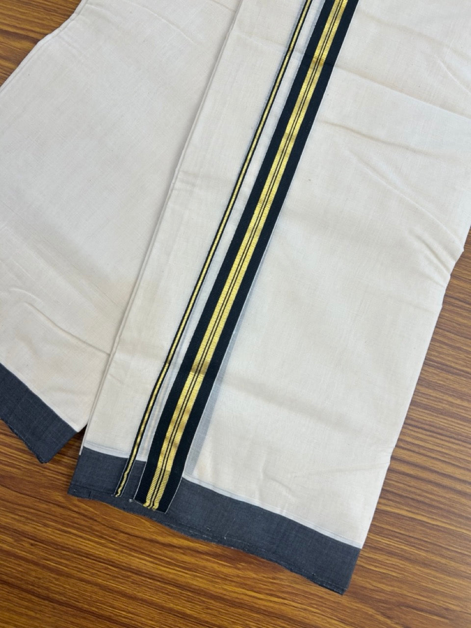 25% Discount! KaithariKada Handloom Millpaav Balaramapuram - Cotton Double Mundu/Dhoti Off white (Unbleached) - 80x90 - 1 inch Kasav & Black striped Kara 3.60 meter (8 Muzham) - 72 KK5256 RAM