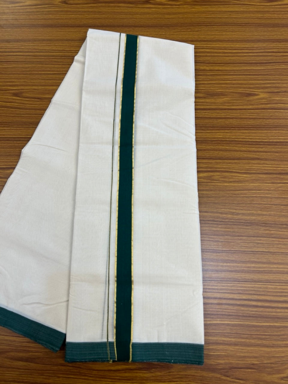 25% Discount! KaithariKada Handloom Millpaav Balaramapuram - Cotton Double Mundu/Dhoti Off white (Unbleached) - 80x90 - 1.25 inch Kasav Green Kara 3.60 meter (8 Muzham) - 86 KK5256 RAM