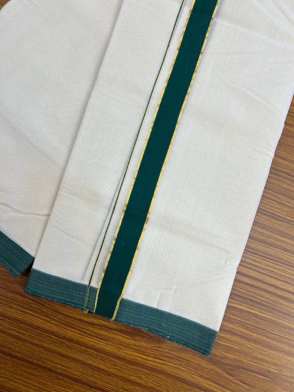25% Discount! KaithariKada Handloom Millpaav Balaramapuram - Cotton Double Mundu/Dhoti Off white (Unbleached) - 80x90 - 1.25 inch Kasav Green Kara 3.60 meter (8 Muzham) - 86 KK5256 RAM
