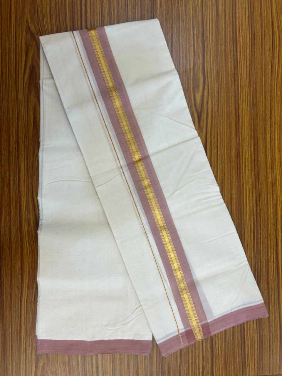 25% Discount! KaithariKada Handloom Millpaav Balaramapuram - Cotton Double Mundu/Dhoti Off white (Unbleached) - 80x90 - 2 inch Kasav & Deep dusty rose shaded striped Kara 3.60 meter (8 Muzham) - 69 KK5256 RAM