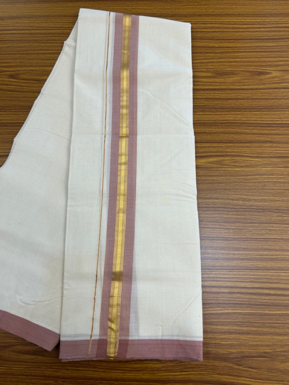 25% Discount! KaithariKada Handloom Millpaav Balaramapuram - Cotton Double Mundu/Dhoti Off white (Unbleached) - 80x90 - 2 inch Kasav & Deep dusty rose shaded striped Kara 3.60 meter (8 Muzham) - 69 KK5256 RAM