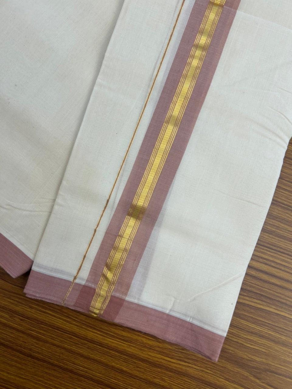 25% Discount! KaithariKada Handloom Millpaav Balaramapuram - Cotton Double Mundu/Dhoti Off white (Unbleached) - 80x90 - 2 inch Kasav & Deep dusty rose shaded striped Kara 3.60 meter (8 Muzham) - 69 KK5256 RAM