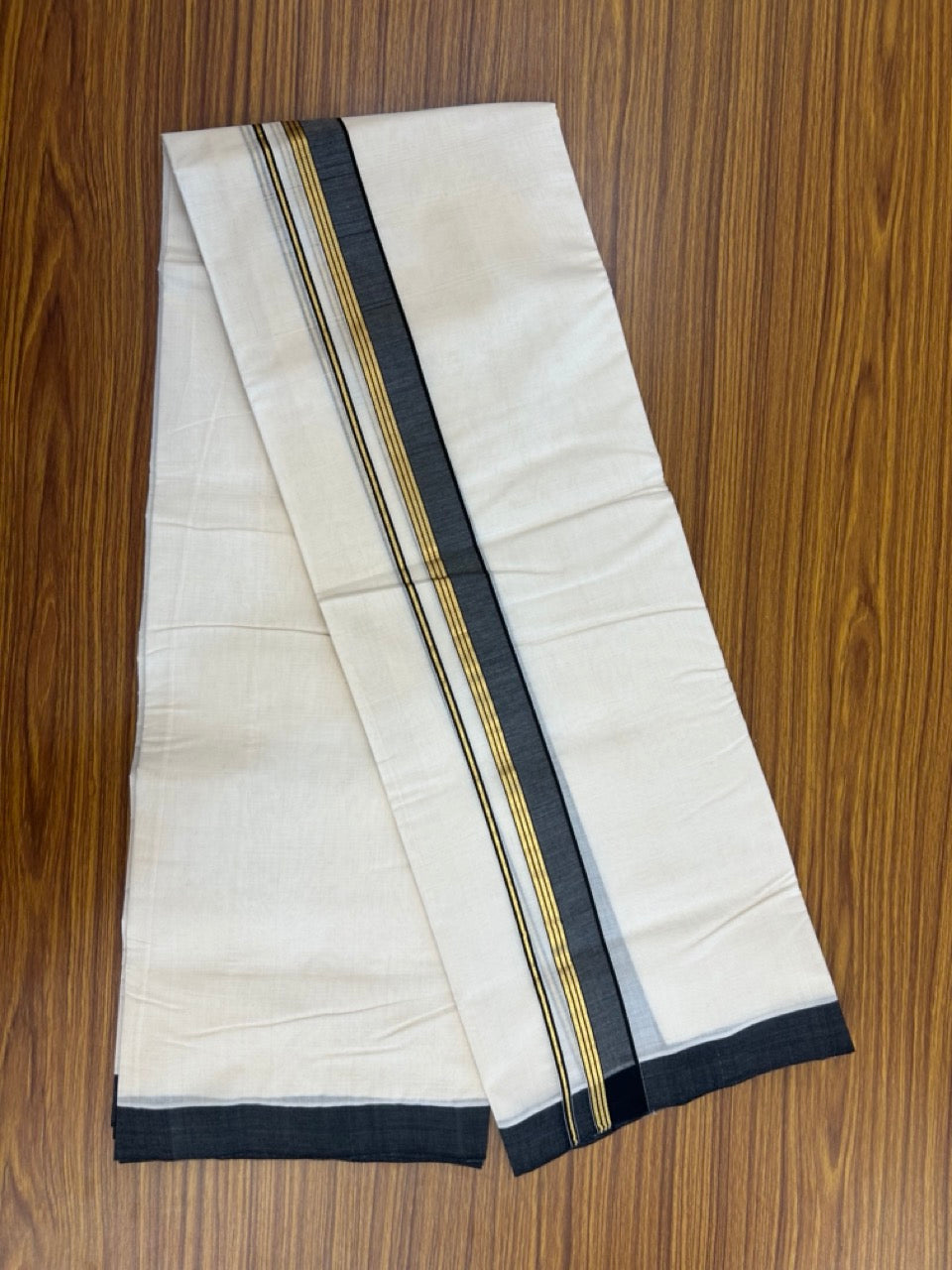 25% Discount! KaithariKada Handloom Millpaav Balaramapuram - Cotton Double Mundu/Dhoti Off white (Unbleached) - 80x90 - 1.5 inch Kasav striped Black shaded Kara 3.60 meter (8 Muzham) - 77 KK5256 RAM