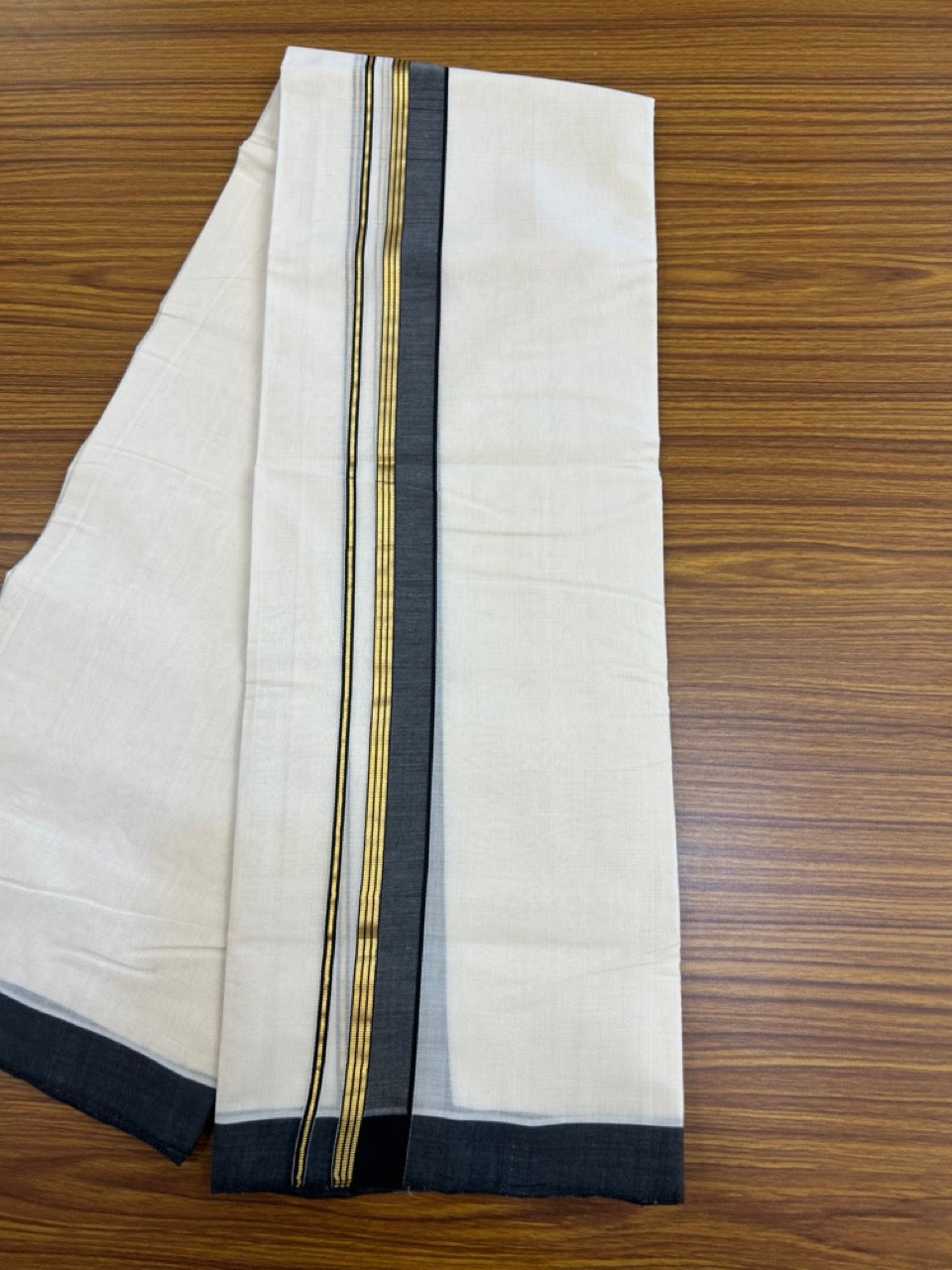 25% Discount! KaithariKada Handloom Millpaav Balaramapuram - Cotton Double Mundu/Dhoti Off white (Unbleached) - 80x90 - 1.5 inch Kasav striped Black shaded Kara 3.60 meter (8 Muzham) - 77 KK5256 RAM