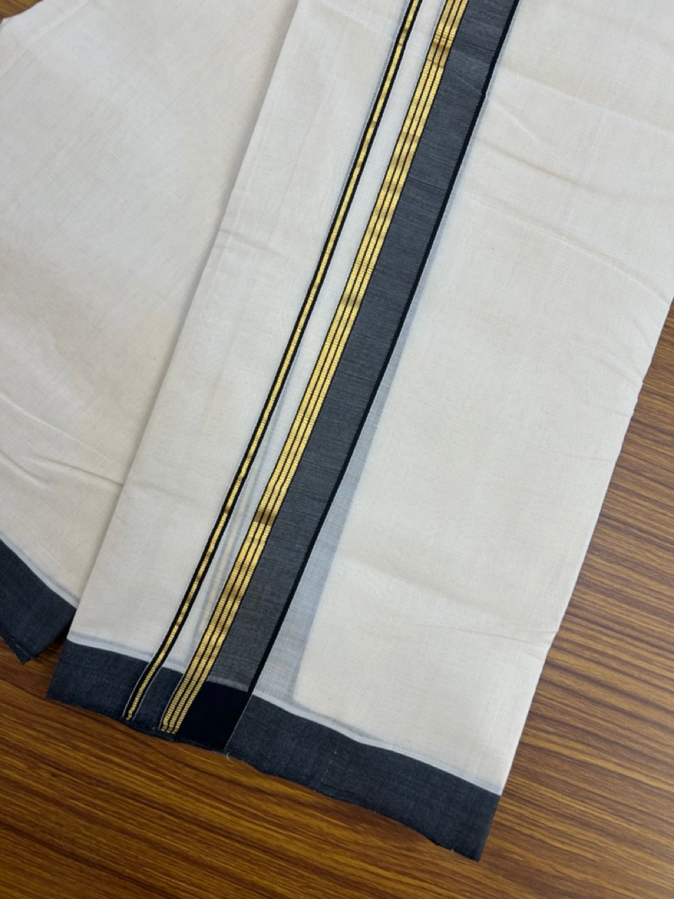 25% Discount! KaithariKada Handloom Millpaav Balaramapuram - Cotton Double Mundu/Dhoti Off white (Unbleached) - 80x90 - 1.5 inch Kasav striped Black shaded Kara 3.60 meter (8 Muzham) - 77 KK5256 RAM