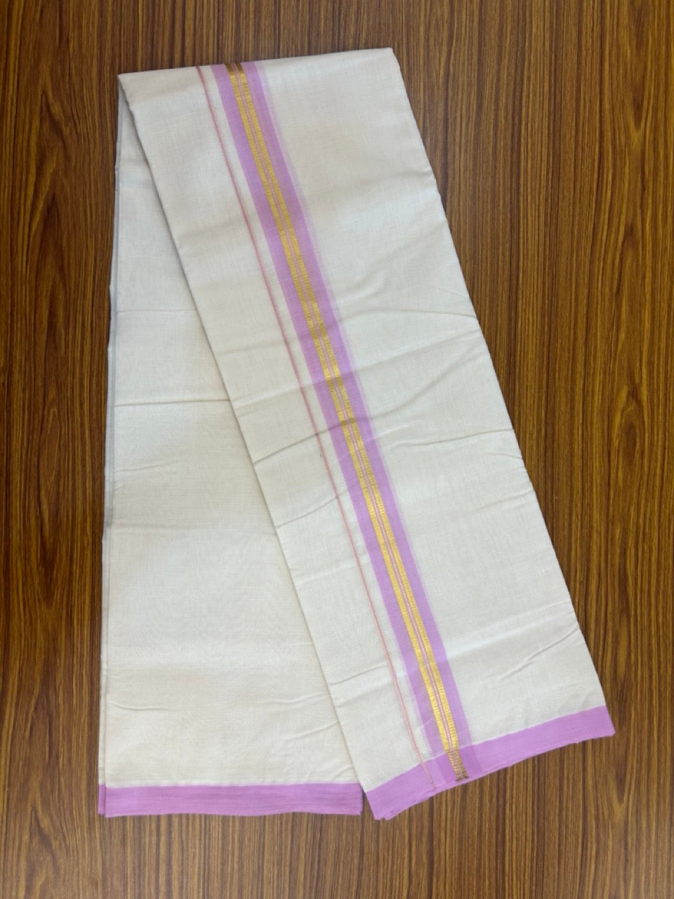 25% Discount! KaithariKada Handloom Millpaav Balaramapuram - Cotton Double Mundu/Dhoti Off white (Unbleached) - 80x90 - 1.5 inch Kasav & Baby Pink shaded striped Kara 3.60 meter (8 Muzham) - 70 KK5256 RAM