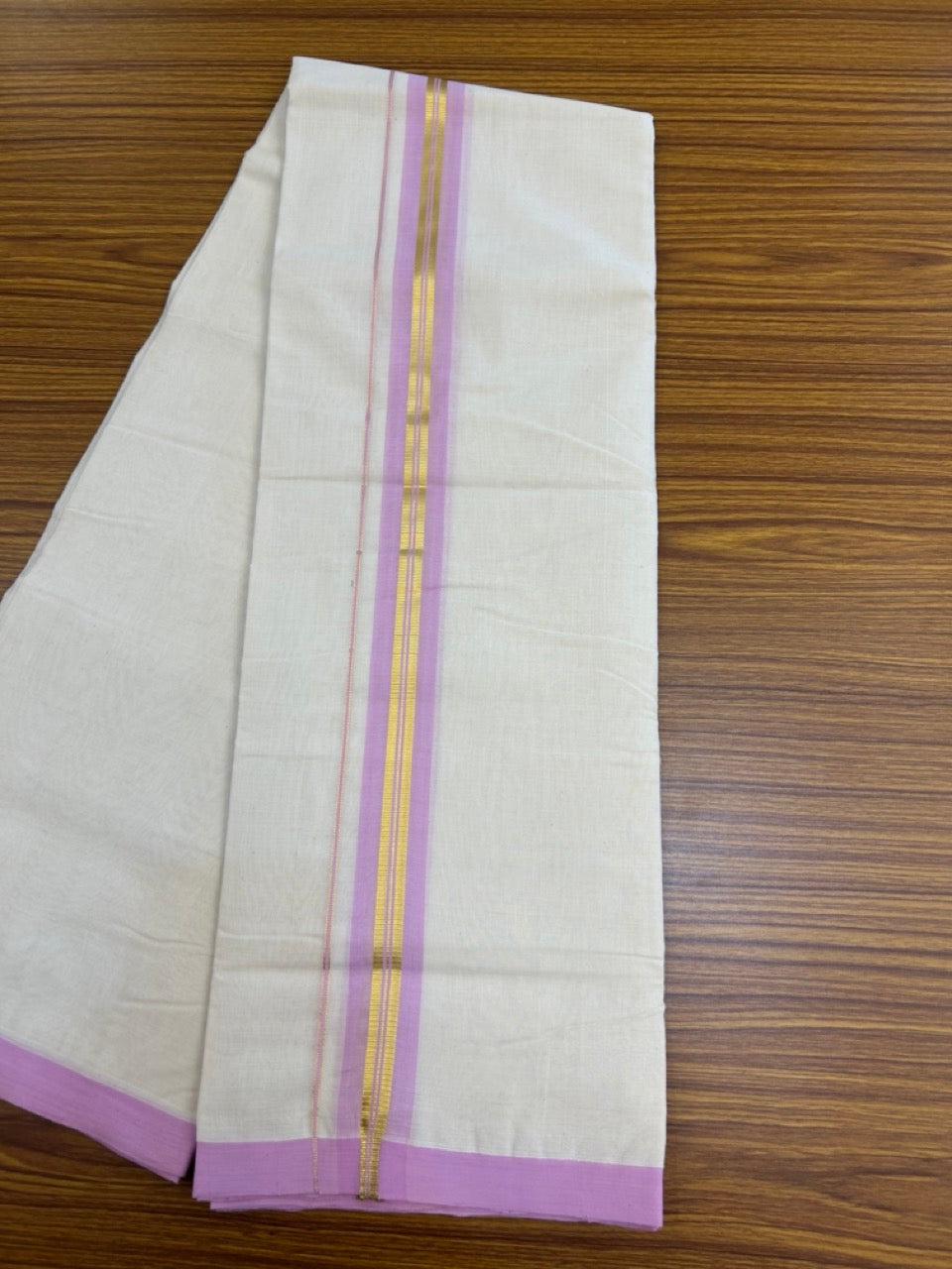 25% Discount! KaithariKada Handloom Millpaav Balaramapuram - Cotton Double Mundu/Dhoti Off white (Unbleached) - 80x90 - 1.5 inch Kasav & Baby Pink shaded striped Kara 3.60 meter (8 Muzham) - 70 KK5256 RAM