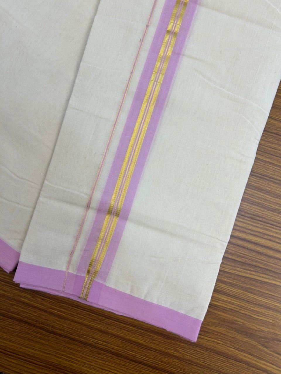 25% Discount! KaithariKada Handloom Millpaav Balaramapuram - Cotton Double Mundu/Dhoti Off white (Unbleached) - 80x90 - 1.5 inch Kasav & Baby Pink shaded striped Kara 3.60 meter (8 Muzham) - 70 KK5256 RAM