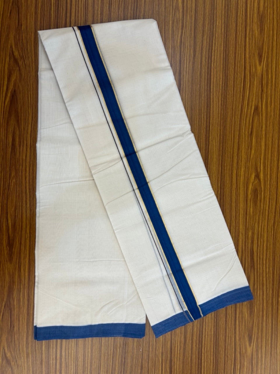 25% Discount! KaithariKada Handloom Millpaav Balaramapuram - Cotton Double Mundu/Dhoti Off white (Unbleached) - 80x90 - 1.25 inch Kasav Blue Kara 3.60 meter (8 Muzham) - 87 KK5256 RAM