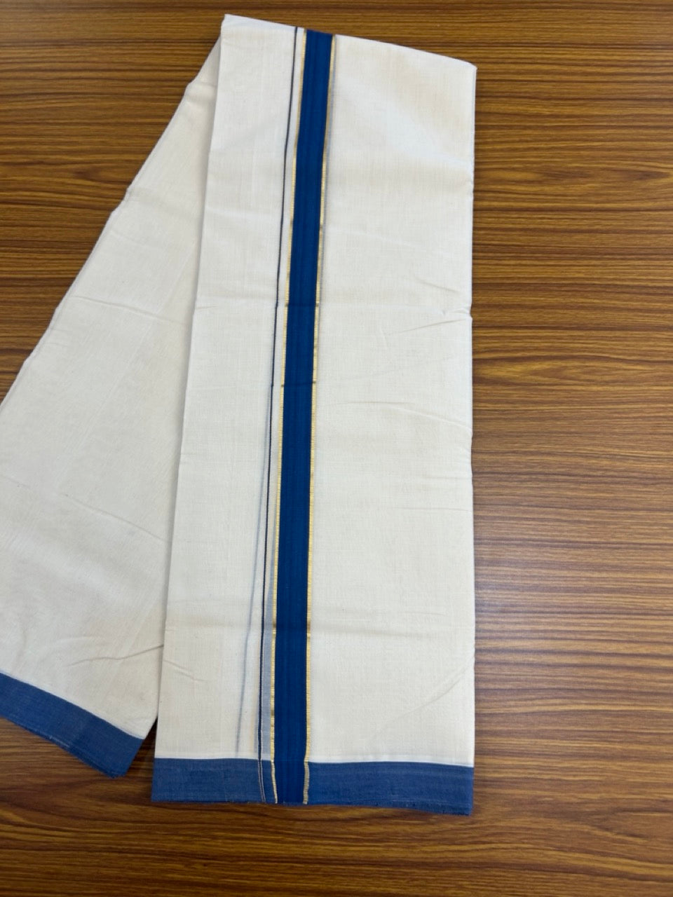 25% Discount! KaithariKada Handloom Millpaav Balaramapuram - Cotton Double Mundu/Dhoti Off white (Unbleached) - 80x90 - 1.25 inch Kasav Blue Kara 3.60 meter (8 Muzham) - 87 KK5256 RAM