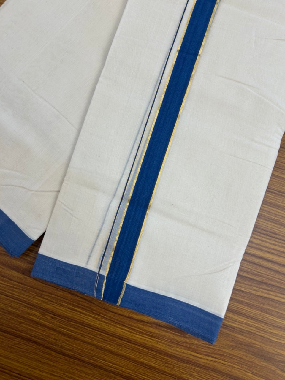 25% Discount! KaithariKada Handloom Millpaav Balaramapuram - Cotton Double Mundu/Dhoti Off white (Unbleached) - 80x90 - 1.25 inch Kasav Blue Kara 3.60 meter (8 Muzham) - 87 KK5256 RAM