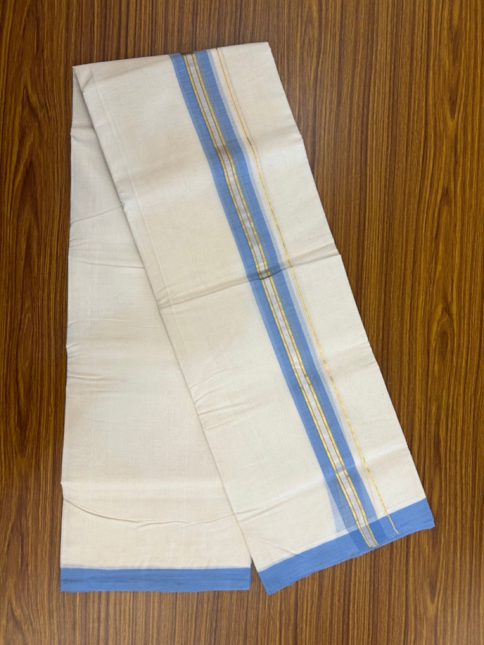 25% Discount! KaithariKada Handloom Millpaav Balaramapuram - Cotton Double Mundu/Dhoti Off white (Unbleached) - 80x90 - 1.75 inch Silver & Kasav striped Light Blue shaded Kara 3.60 meter (8 Muzham) - 73 KK5256 RAM