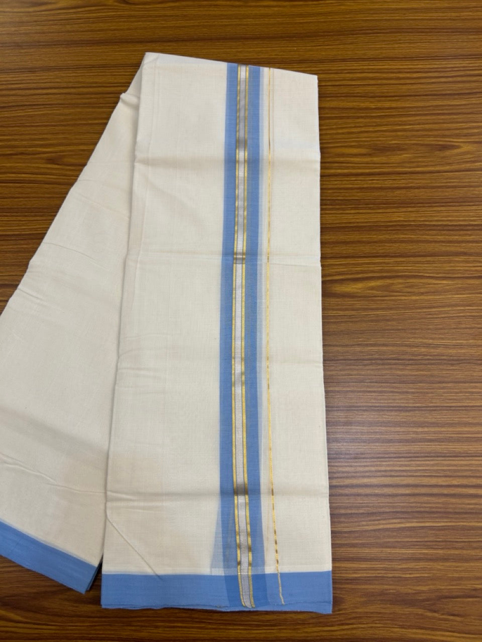 25% Discount! KaithariKada Handloom Millpaav Balaramapuram - Cotton Double Mundu/Dhoti Off white (Unbleached) - 80x90 - 1.75 inch Silver & Kasav striped Light Blue shaded Kara 3.60 meter (8 Muzham) - 73 KK5256 RAM