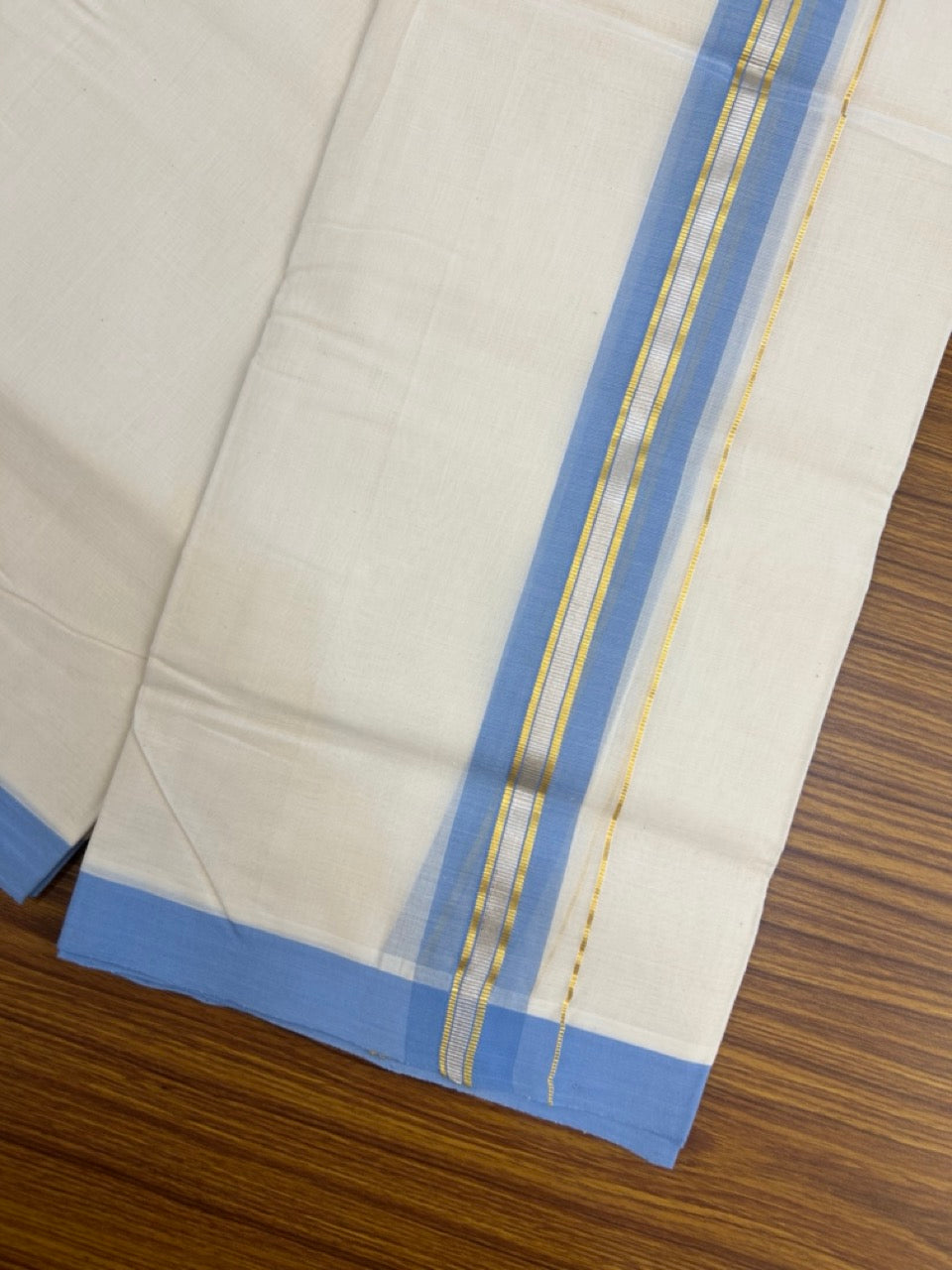 25% Discount! KaithariKada Handloom Millpaav Balaramapuram - Cotton Double Mundu/Dhoti Off white (Unbleached) - 80x90 - 1.75 inch Silver & Kasav striped Light Blue shaded Kara 3.60 meter (8 Muzham) - 73 KK5256 RAM
