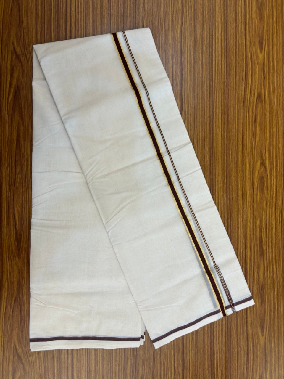 25% Discount! KaithariKada Handloom Millpaav Balaramapuram - Cotton Double Mundu/Dhoti Off white (Unbleached) - 80x90 - 0.5 inch Kasavu & Dark Brown Puliyilakkara Chutty 3.60 meter (8 Muzham) - 57 KK5256 RAM