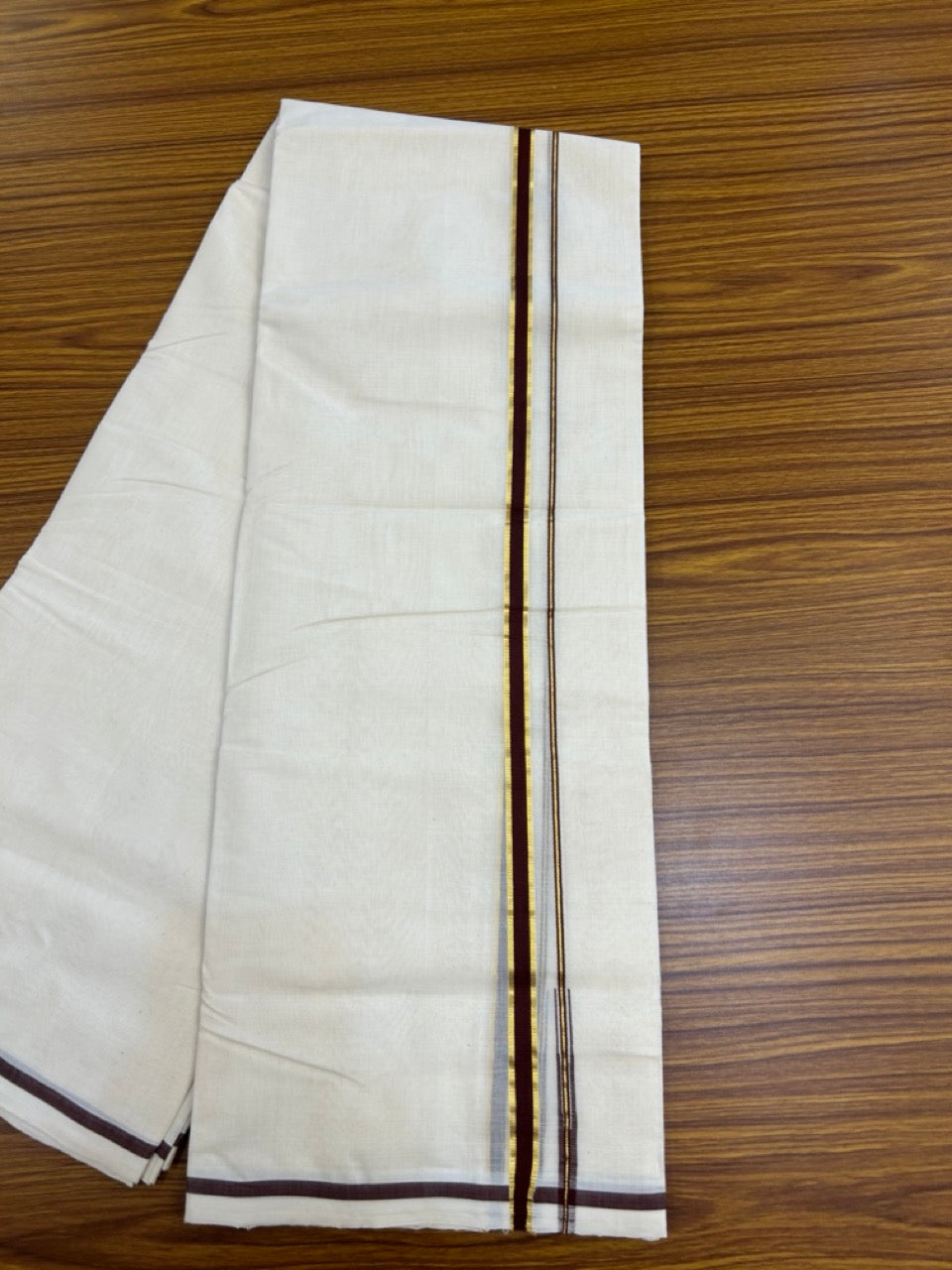 25% Discount! KaithariKada Handloom Millpaav Balaramapuram - Cotton Double Mundu/Dhoti Off white (Unbleached) - 80x90 - 0.5 inch Kasavu & Dark Brown Puliyilakkara Chutty 3.60 meter (8 Muzham) - 57 KK5256 RAM
