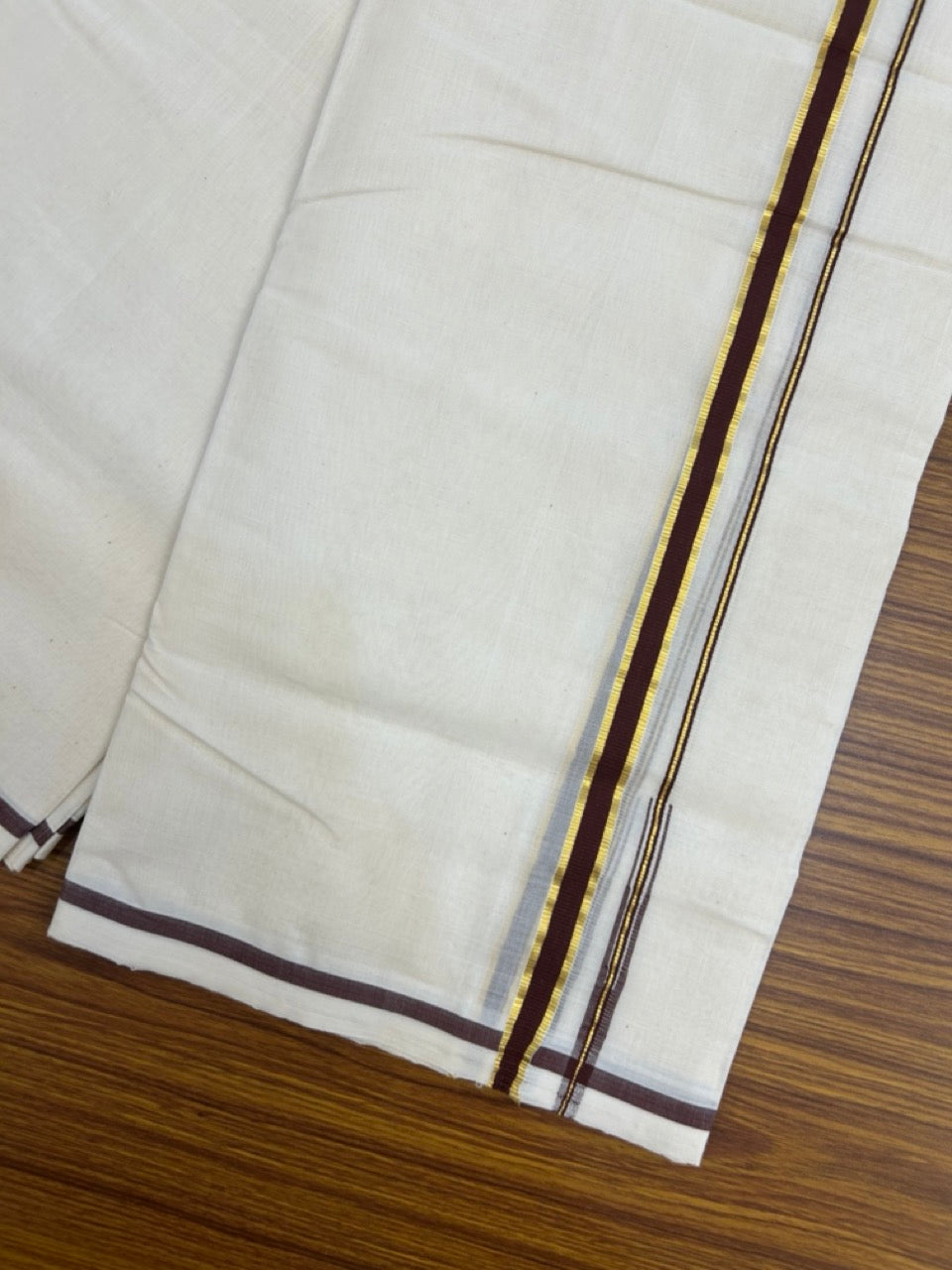 25% Discount! KaithariKada Handloom Millpaav Balaramapuram - Cotton Double Mundu/Dhoti Off white (Unbleached) - 80x90 - 0.5 inch Kasavu & Dark Brown Puliyilakkara Chutty 3.60 meter (8 Muzham) - 57 KK5256 RAM