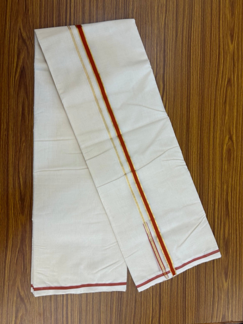 25% Discount! KaithariKada Handloom Millpaav Balaramapuram - Cotton Double Mundu/Dhoti Off white (Unbleached) - 80x90 - 0.5 inch Kasavu & Deep Orange Puliyilakkara Chutty 3.60 meter (8 Muzham) - 58 KK5256 RAM