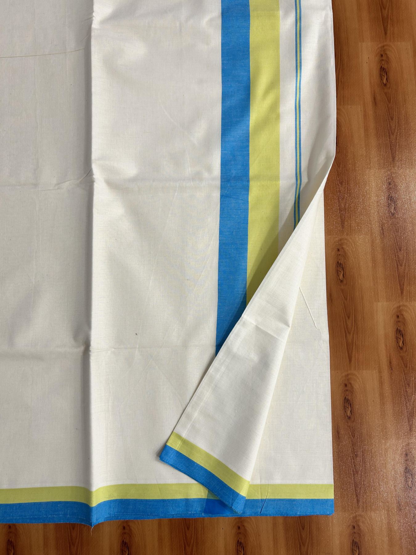 Off White Saree - 25% Discount! Kaitharikada Kerala Traditional Mixed Cotton Saree - 3 Inch Pallu - Sky Blue & Lemon Yellow Striped Kara - 62 KK7000 PMC