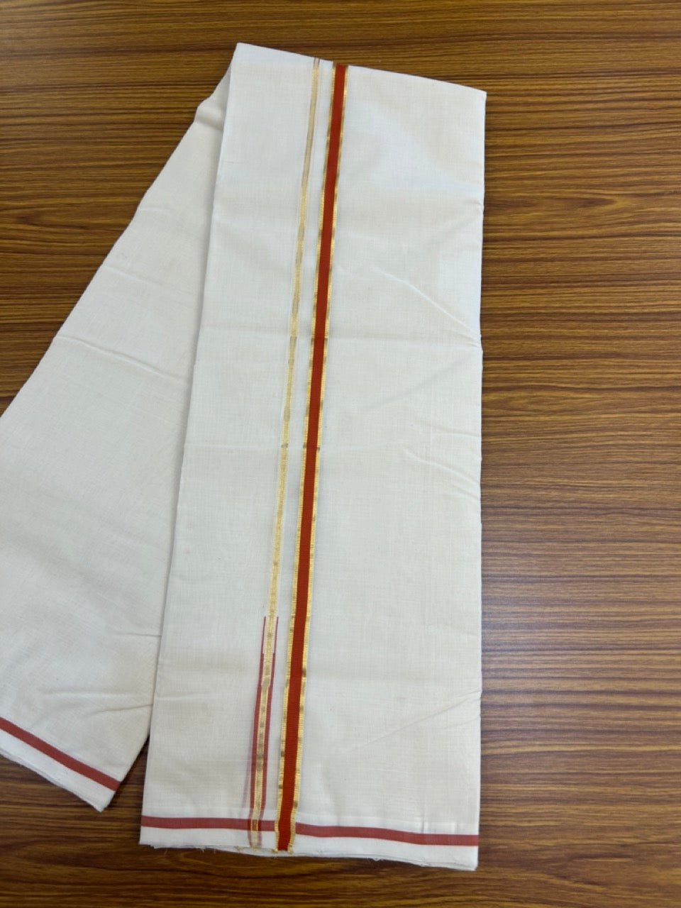 25% Discount! KaithariKada Handloom Millpaav Balaramapuram - Cotton Double Mundu/Dhoti Off white (Unbleached) - 80x90 - 0.5 inch Kasavu & Deep Orange Puliyilakkara Chutty 3.60 meter (8 Muzham) - 58 KK5256 RAM