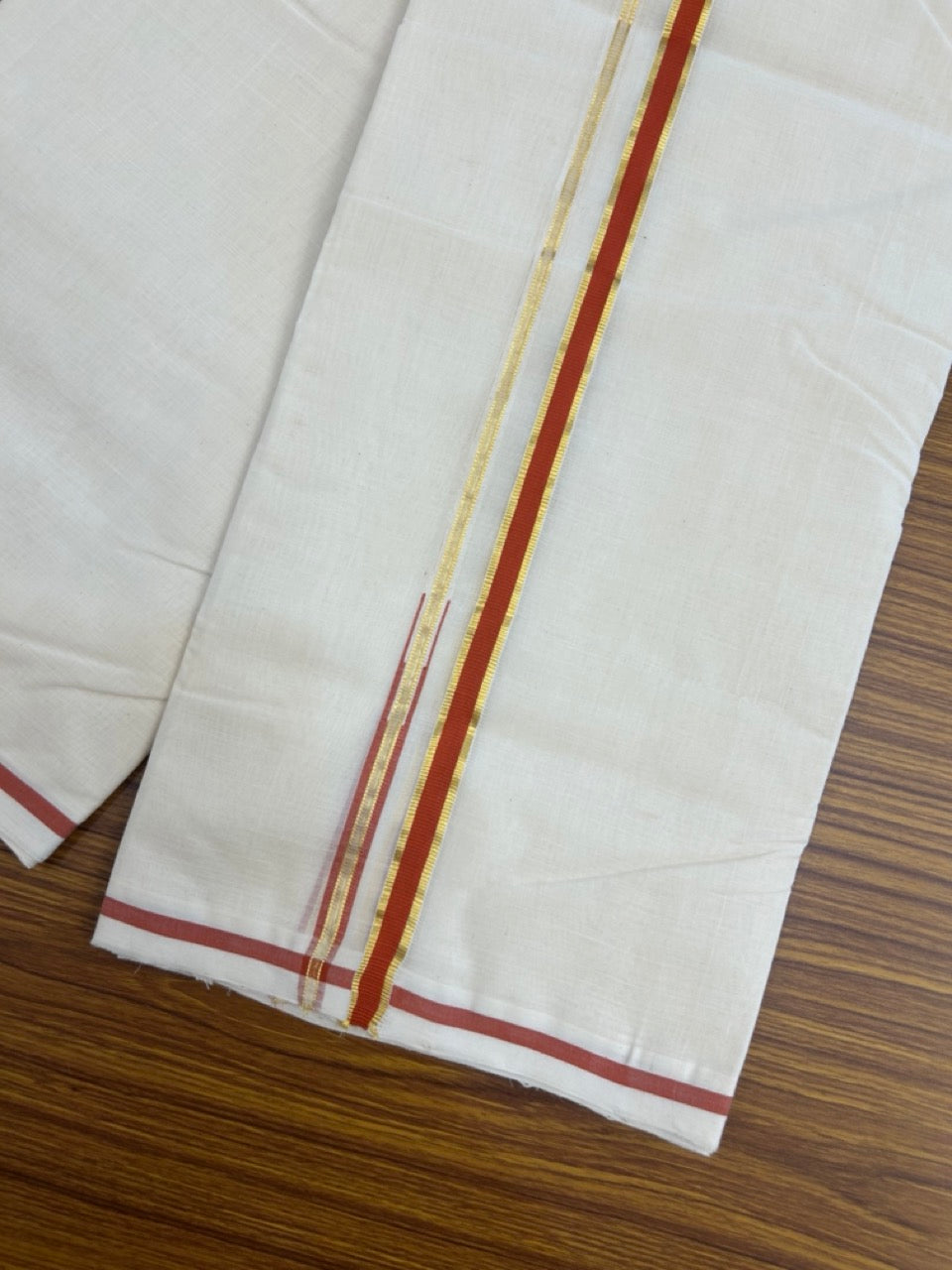 25% Discount! KaithariKada Handloom Millpaav Balaramapuram - Cotton Double Mundu/Dhoti Off white (Unbleached) - 80x90 - 0.5 inch Kasavu & Deep Orange Puliyilakkara Chutty 3.60 meter (8 Muzham) - 58 KK5256 RAM