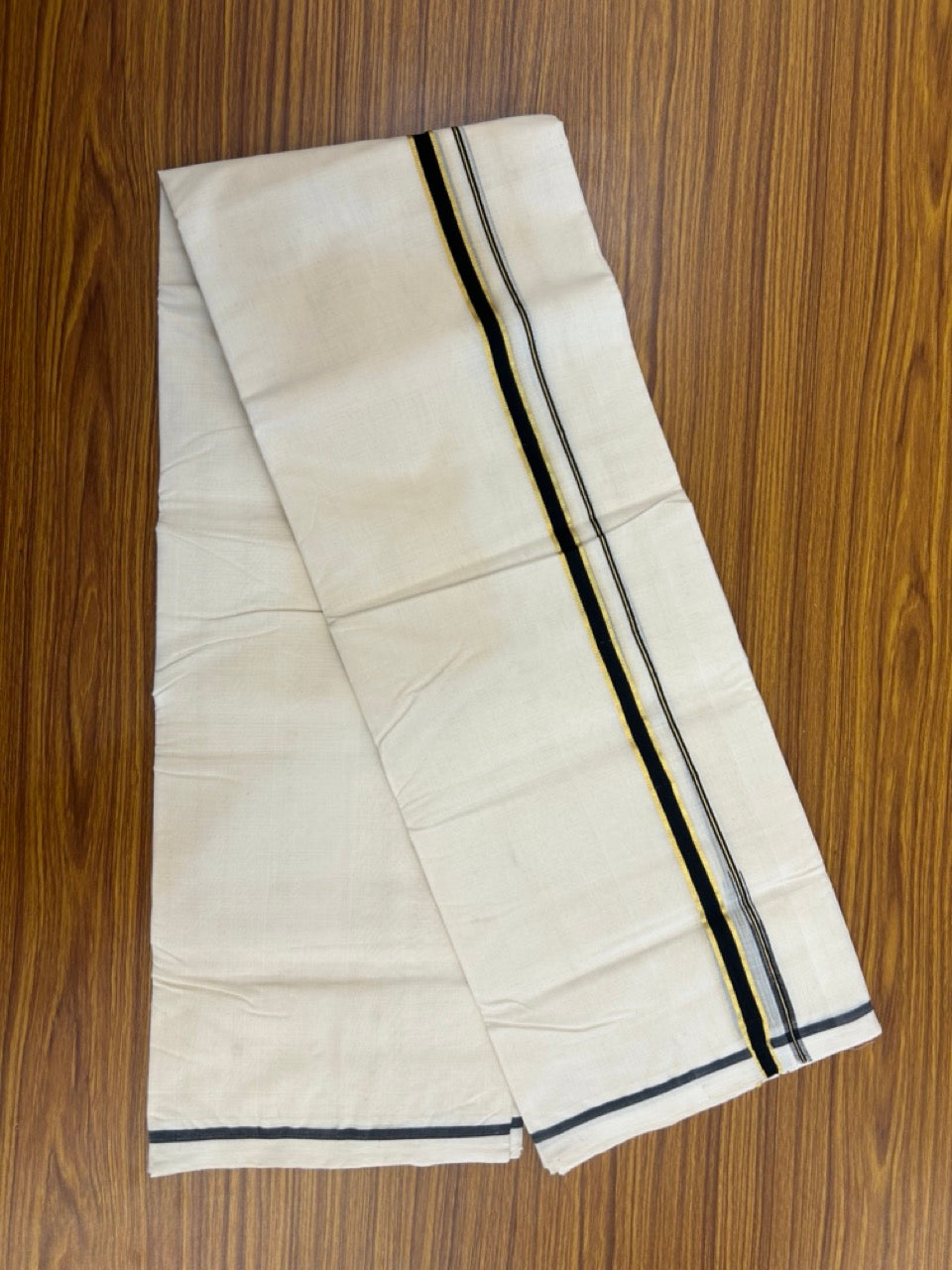 25% Discount! KaithariKada Handloom Millpaav Balaramapuram - Cotton Double Mundu/Dhoti Off white (Unbleached) - 80x90 - 0.5 inch Kasavu & Black Puliyilakkara Chutty 3.60 meter (8 Muzham) - 56 KK5256 RAM