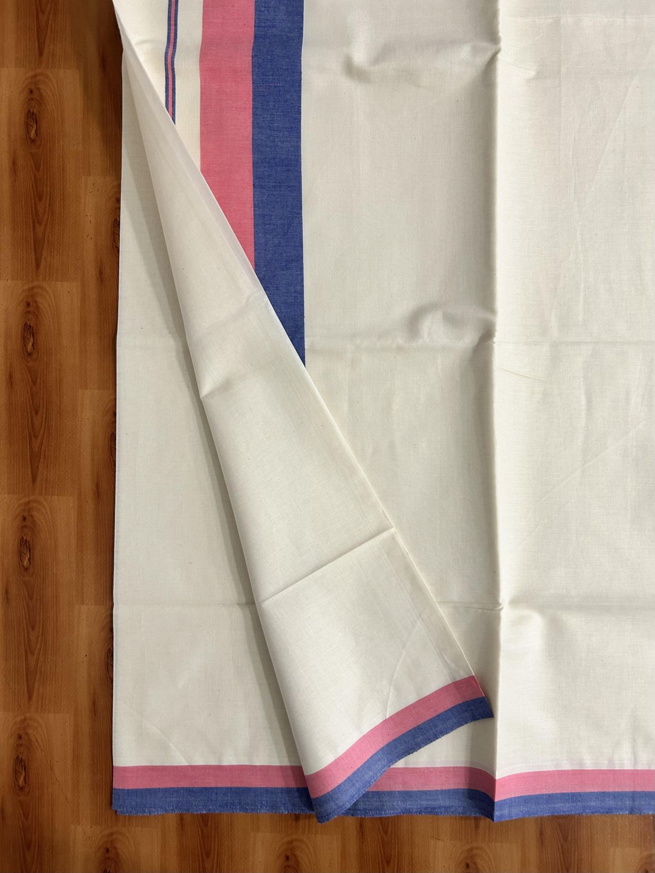 Off White Saree - 25% Discount! Kaitharikada Kerala Traditional Mixed Cotton Saree - 3 Inch Pallu - Pink & Dark Blue Striped Kara - 64 KK7000 PMC