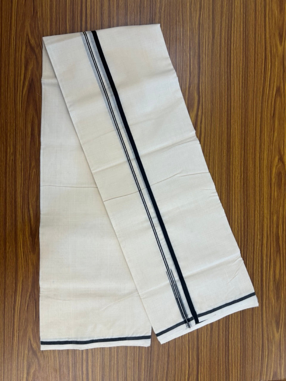 25% Discount! KaithariKada Handloom Millpaav Balaramapuram - Cotton Double Mundu/Dhoti Off white (Unbleached) - 80x90 - 1 cm Black Puliyilakkara Chutty 3.60 meter (8 Muzham) - 55 KK5256 RAM
