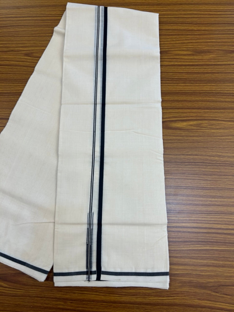 25% Discount! KaithariKada Handloom Millpaav Balaramapuram - Cotton Double Mundu/Dhoti Off white (Unbleached) - 80x90 - 1 cm Black Puliyilakkara Chutty 3.60 meter (8 Muzham) - 55 KK5256 RAM