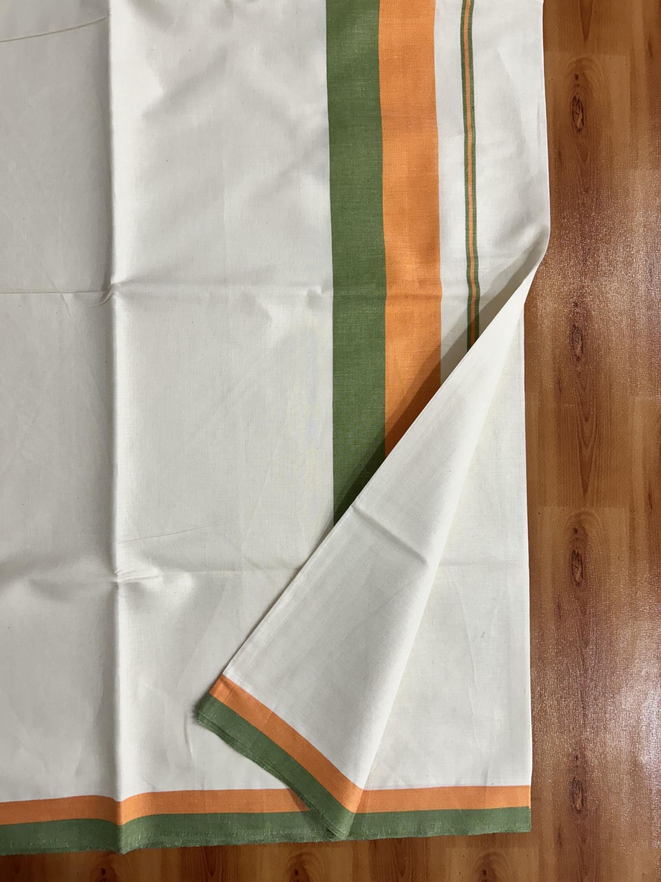 Off White Saree - 25% Discount! Kaitharikada Kerala Traditional Mixed Cotton Saree - 3 Inch Pallu - Orange & Light Olive Green Striped Kara - 65 KK7000 PMC