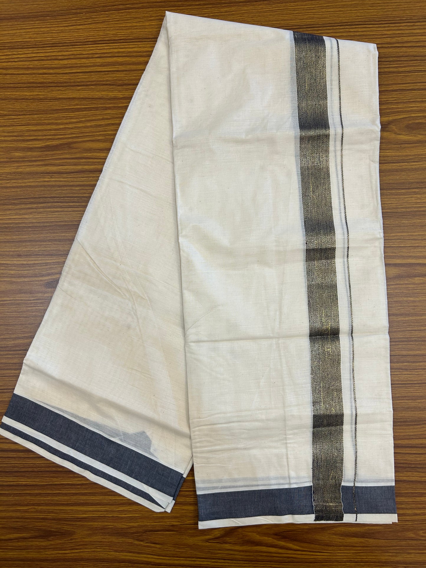 20% Discount ! KaithariKada Balaramapuram Mixed Cotton Off White (Unbleached) Double Mundu/Dhoti - 60s Thread Mixed Cotton - 1.5 inch Navy Blue & Gold Kasav Kara - 15 KK5371 VIN