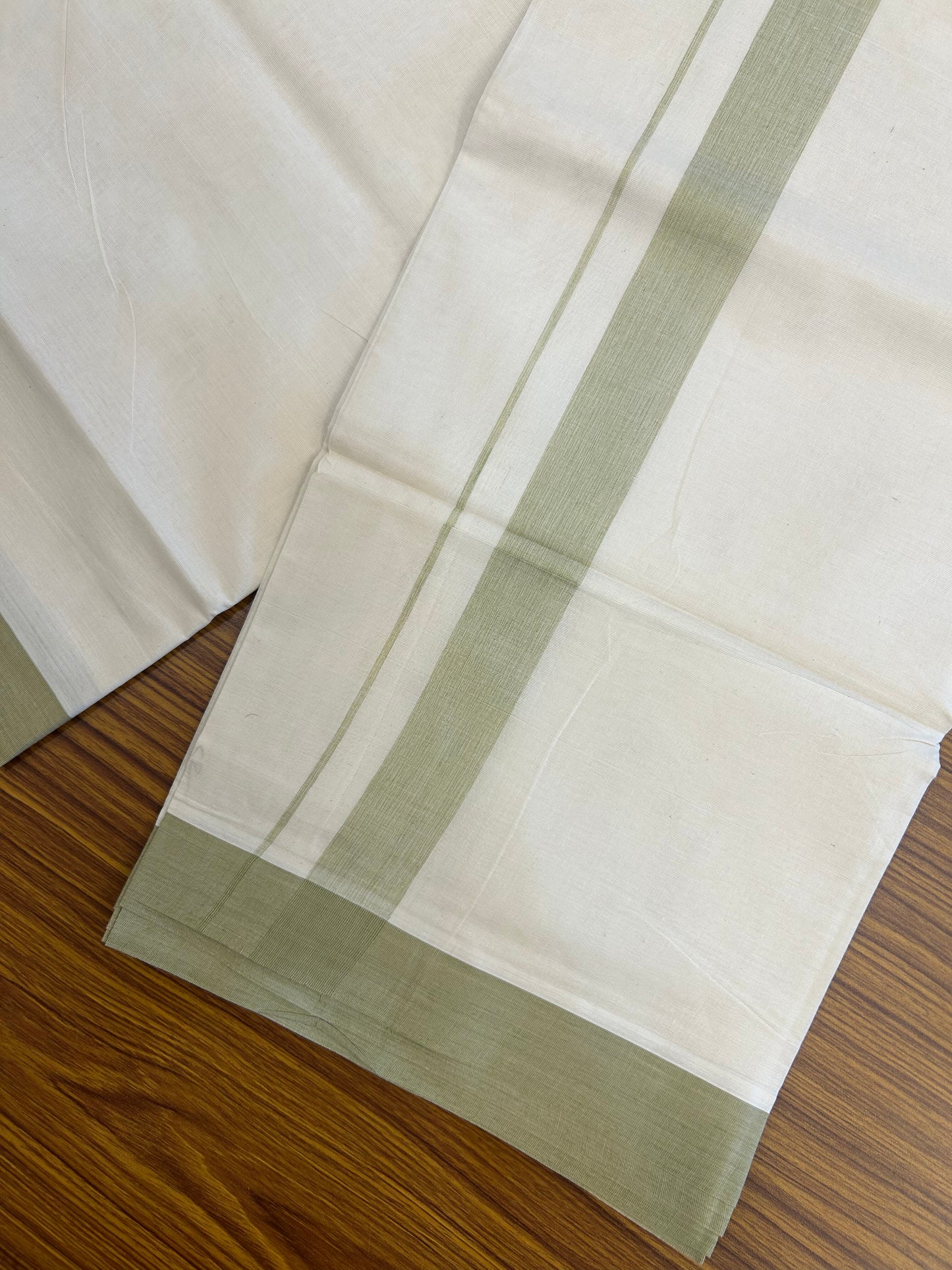 20% Discount ! KaithariKada Balaramapuram 100% Cotton Double Off White (Unbleached) - Mundu / Dhoti- 100x80 - 1.5 inch Light Pista Green Shaded Kara 4 mtr (8.5 Muzham) - 13 KK5371 VIN