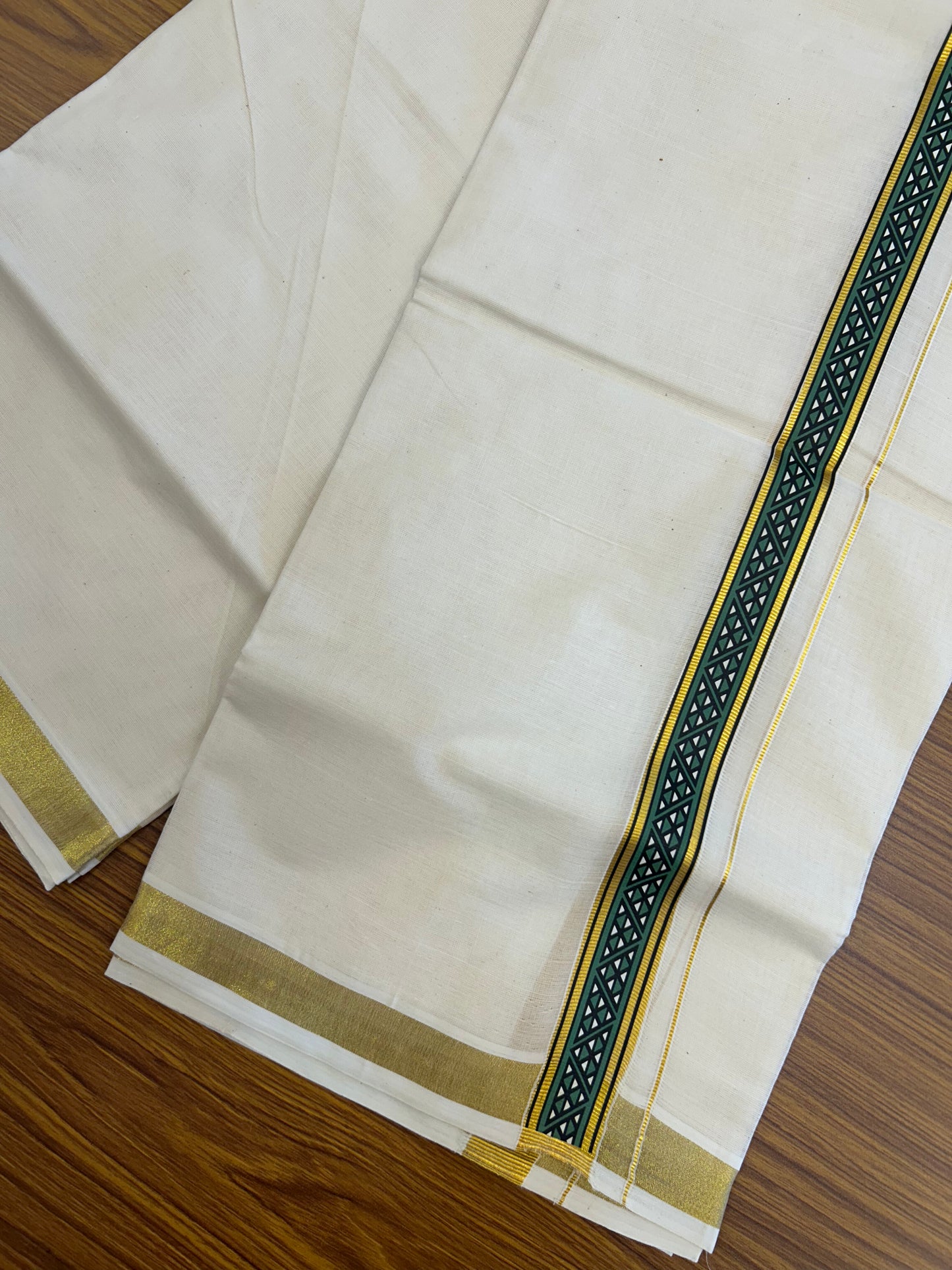 20% Discount!! KaithariKada Balaramapuram 100% Cotton Double Off White - (Unbleached) Mundu/Dhoti (60s) - 2 inch Gold Kasav Green & Black Triangle Printed Design Kara - 18 KK5371 GAN