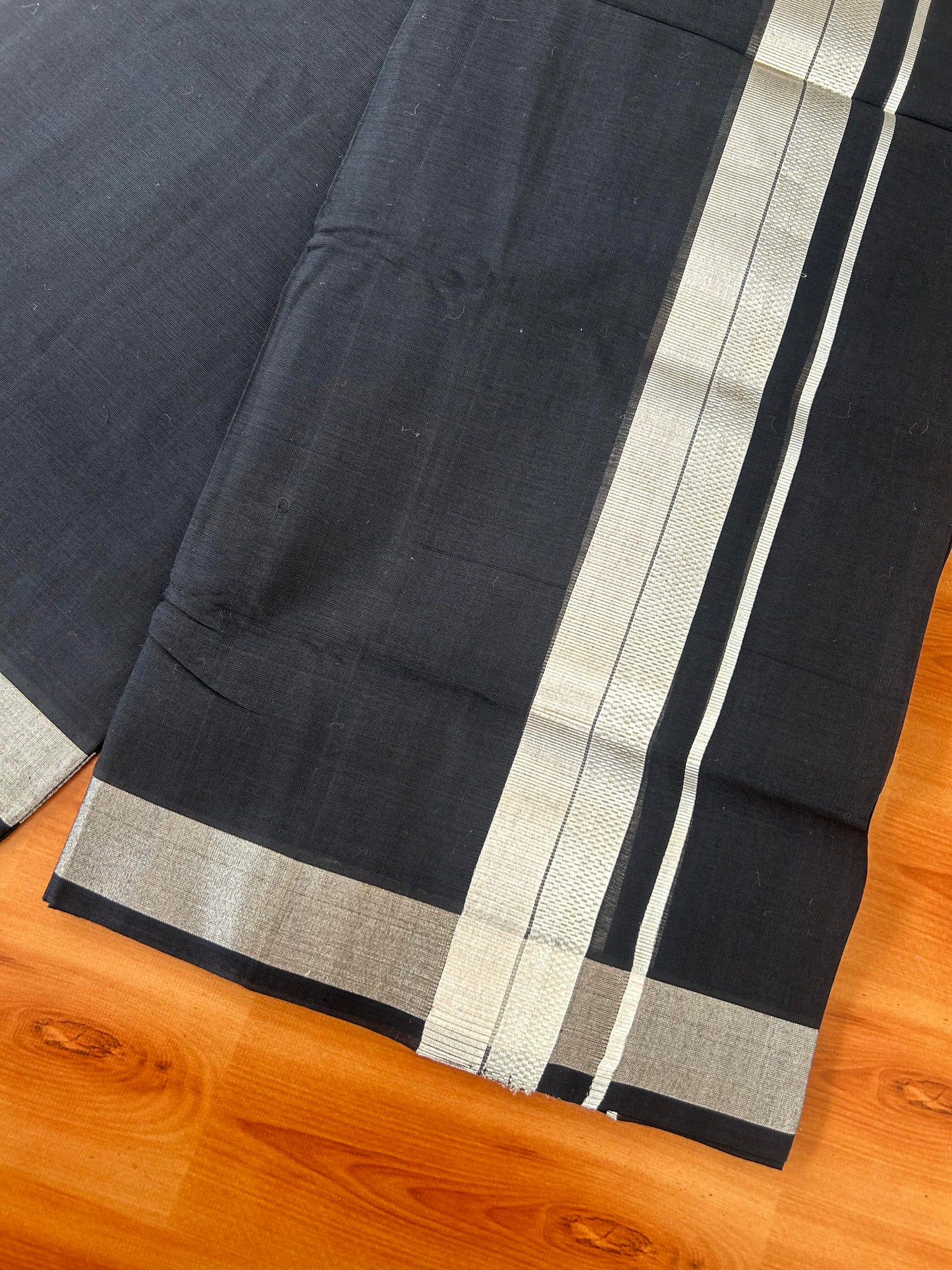25% Discount! KaithariKada Handloom Unakkupaav Kerala Handloom - 100% Cotton Double Mundu/Dhoti - Black Colour Body - 1.5 inch Silver Kasav Striped Kara - 4 Mtr (8.5 Muzham) - 2 KK5387 YAR