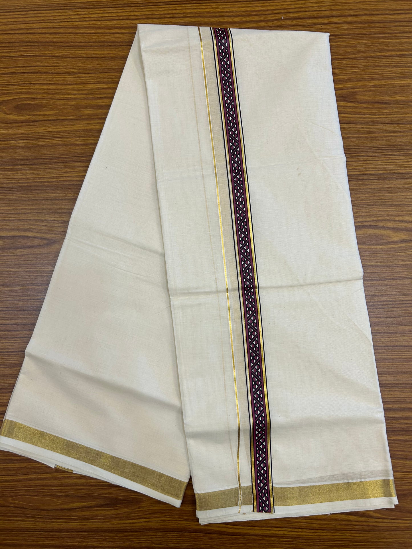 20% Discount!! KaithariKada Balaramapuram 100% Cotton Double Off White - (Unbleached) Mundu/Dhoti (60s) - 2 inch Gold Kasav Purple & Black Triangle Printed Design Kara - 17 KK5371 GAN