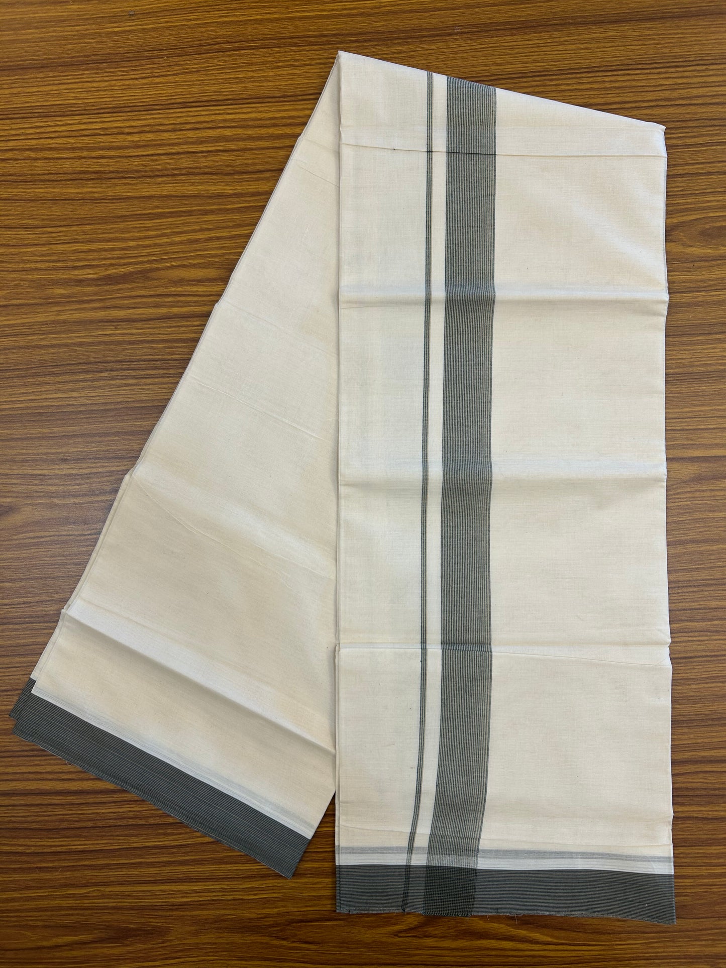 20% Discount ! KaithariKada Balaramapuram 100% Cotton Double Off White (Unbleached) - Mundu / Dhoti- 100x80 - 1.5 inch Green & Light Brown Stripes Kara 4 mtr (8.5 Muzham) - 20 KK5371 VIN