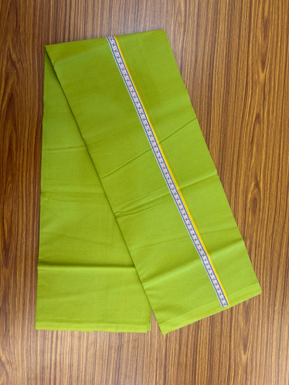 39% Discount! Kaitharikada - Pure Cotton - Single Kaily / Lungi - 0.75 inch Yellow & Multi colour Pattern Printed kara with Parrot Green colour body (2 meter / 4 muzham) - 23 KK8035 GAN