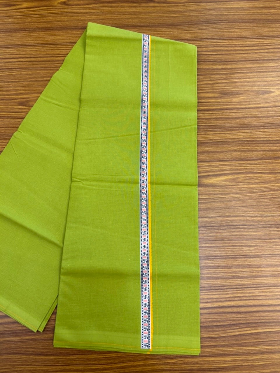 39% Discount! Kaitharikada - Pure Cotton - Single Kaily / Lungi - 0.75 inch Yellow & Multi colour Pattern Printed kara with Parrot Green colour body (2 meter / 4 muzham) - 23 KK8035 GAN