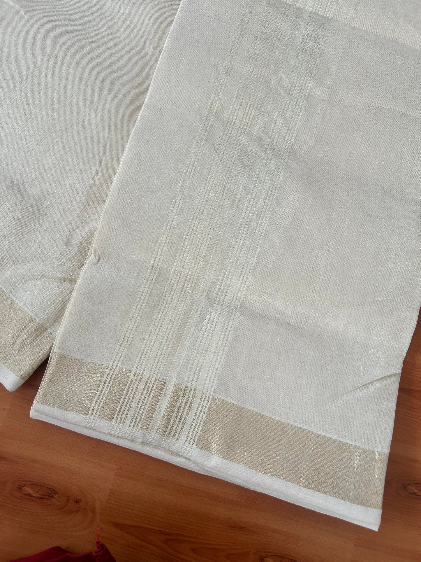 25% Discount ! KaithariKada Handloom Millpaav Kerala Handloom - Pure Cotton Off White - (Unbleached) Double Mundu/Dhoti - (80X90) - 2.25 inch Light Gold Kasav Tissue Striped Tissue Body 4 mtr (8.5 Muzham) - 46 KK5386 RAM